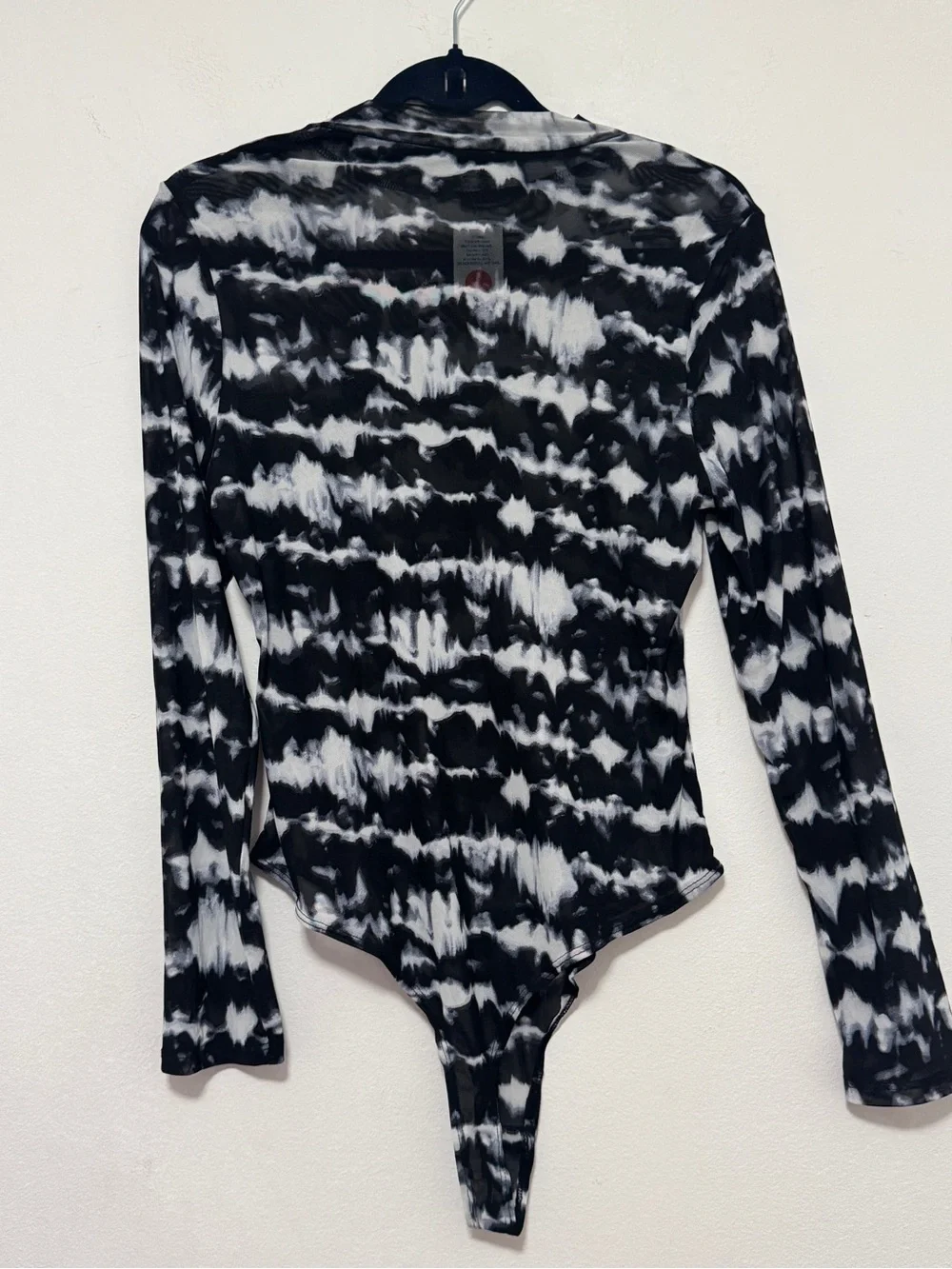 Haute Monde Women’s 2X Black White Sheer Mesh Mock Neck Long Sleeve Bodysuit
